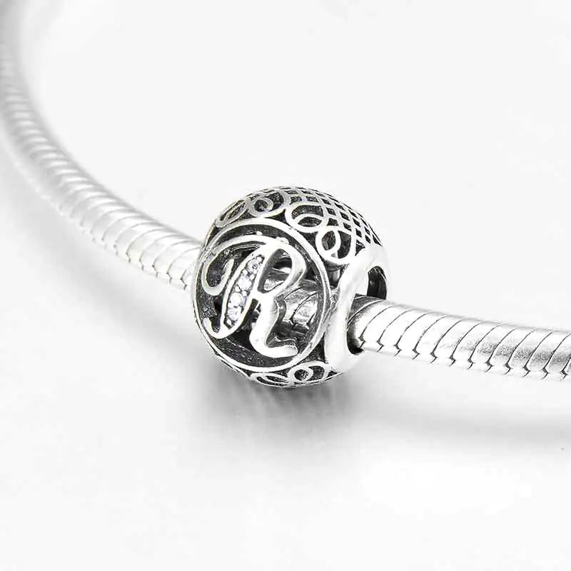 S925 Silver Beads w Stone Inlaid Alphabet