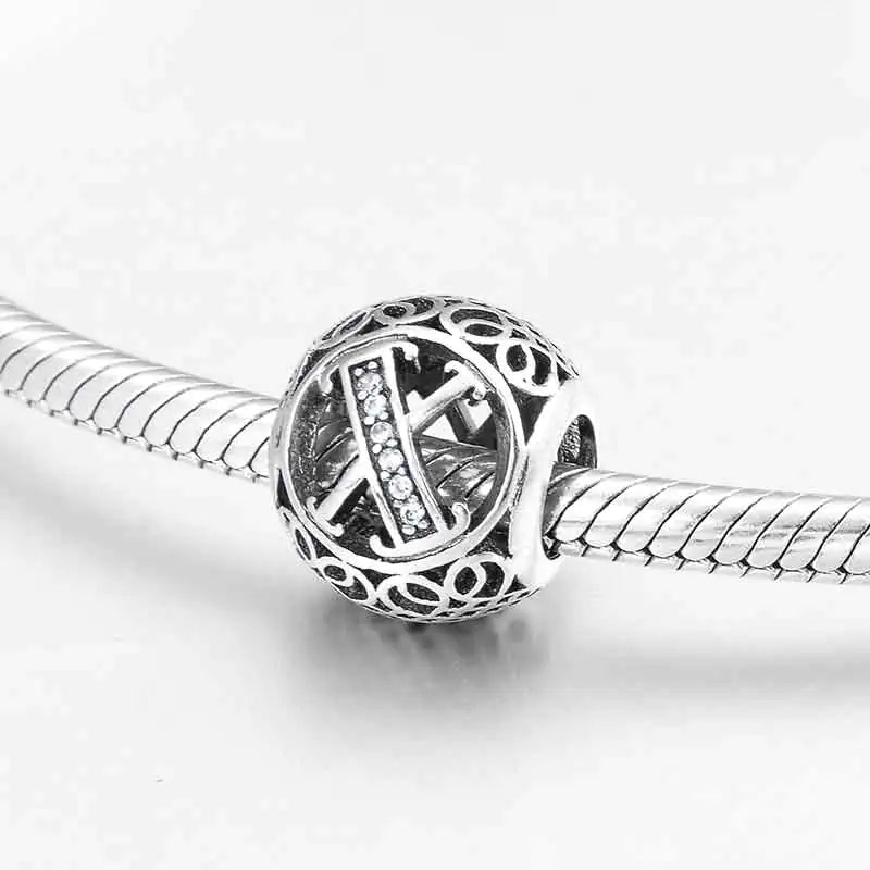 S925 Silver Beads w Stone Inlaid Alphabet