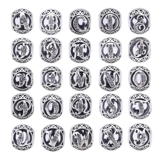 S925 Silver Beads w Stone Inlaid Alphabet