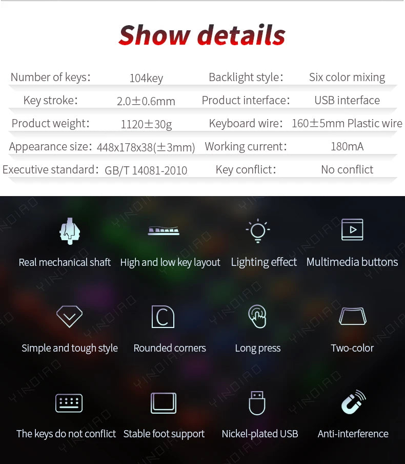 Retro Punk Wired Mechanical Keyboard w 104 Keys