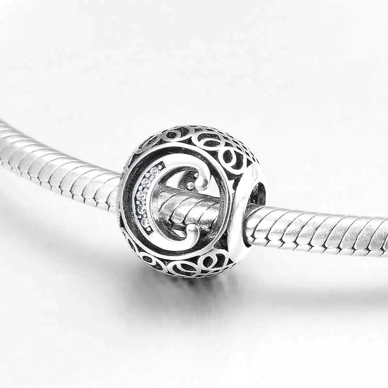 S925 Silver Beads w Stone Inlaid Alphabet