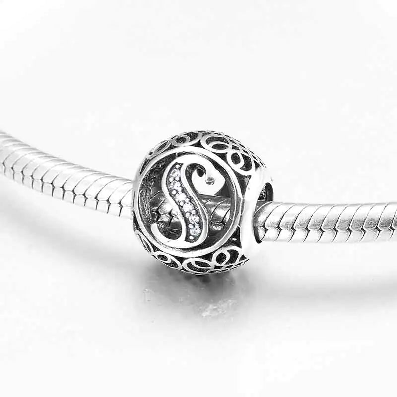 S925 Silver Beads w Stone Inlaid Alphabet