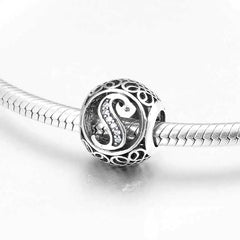 S925 Silver Beads w Stone Inlaid Alphabet