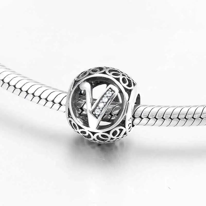 S925 Silver Beads w Stone Inlaid Alphabet