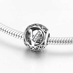 S925 Silver Beads w Stone Inlaid Alphabet