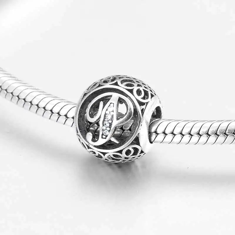 S925 Silver Beads w Stone Inlaid Alphabet