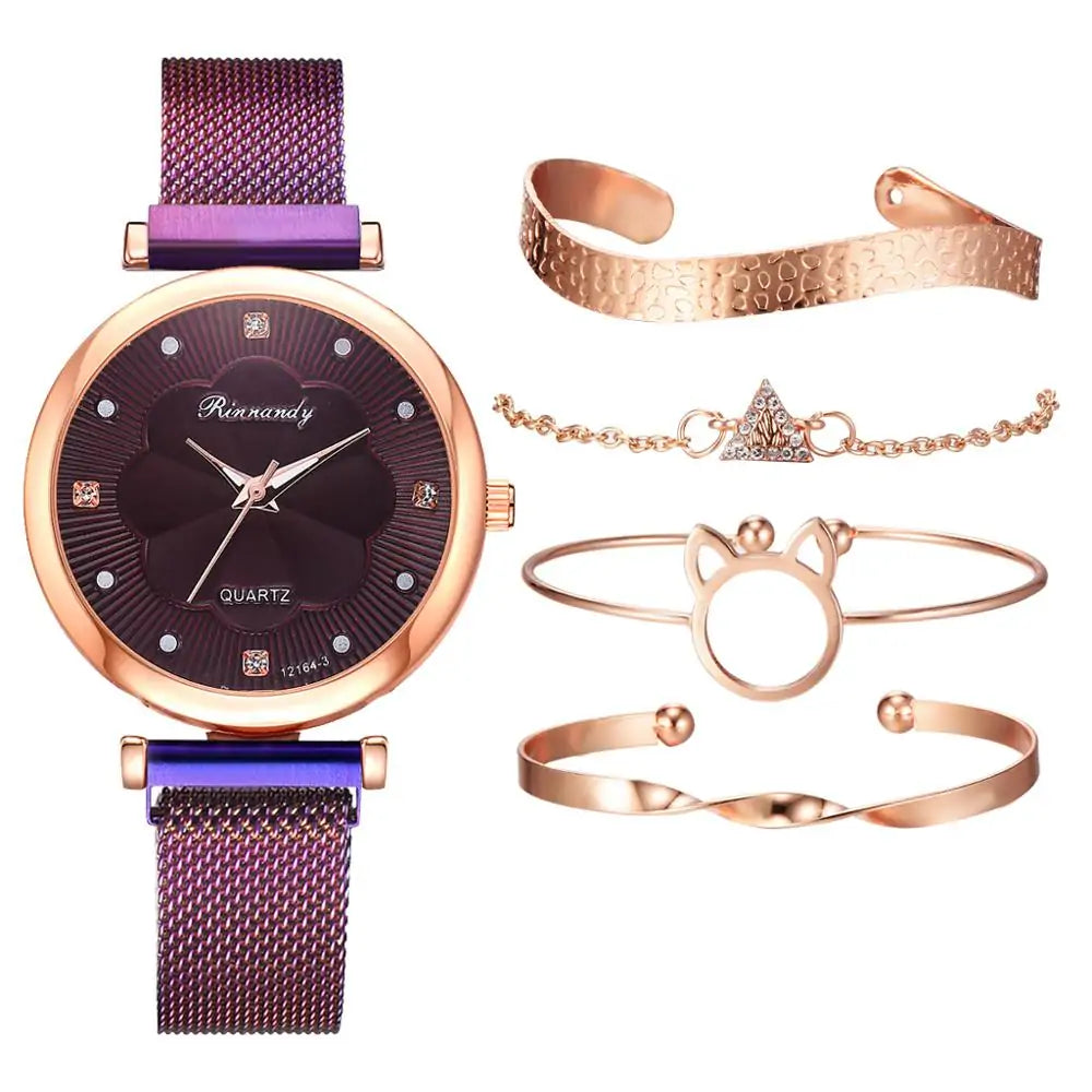 5-Piece Women's Luxury Magnet Buckle Watch & Bracelet Set
