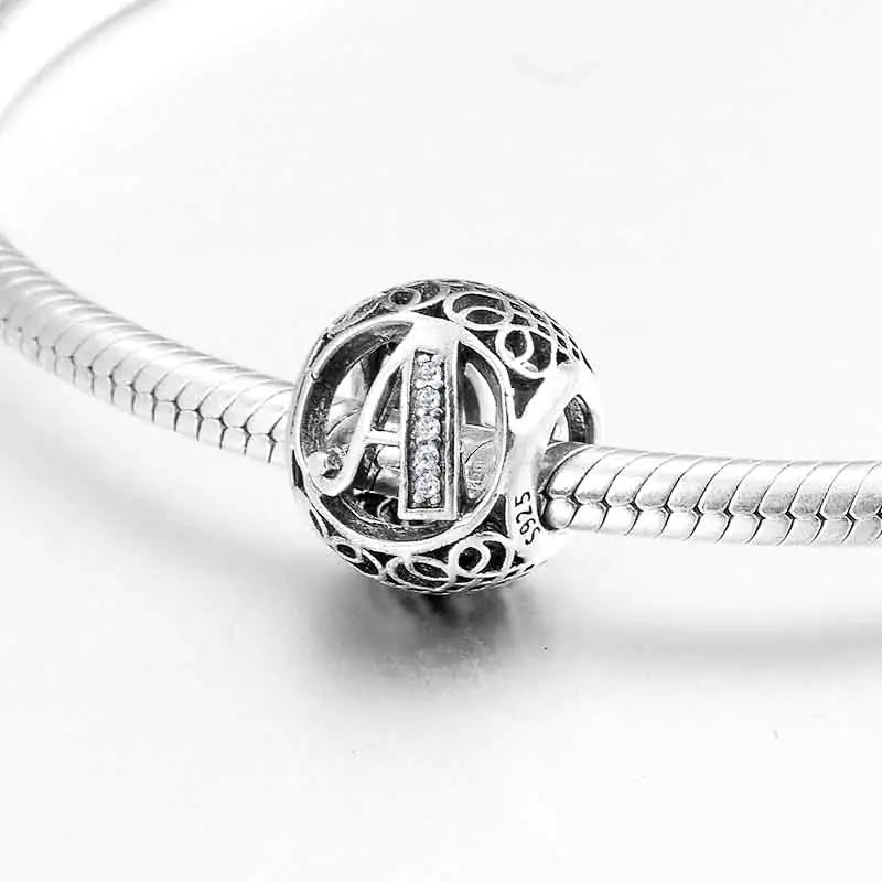 S925 Silver Beads w Stone Inlaid Alphabet