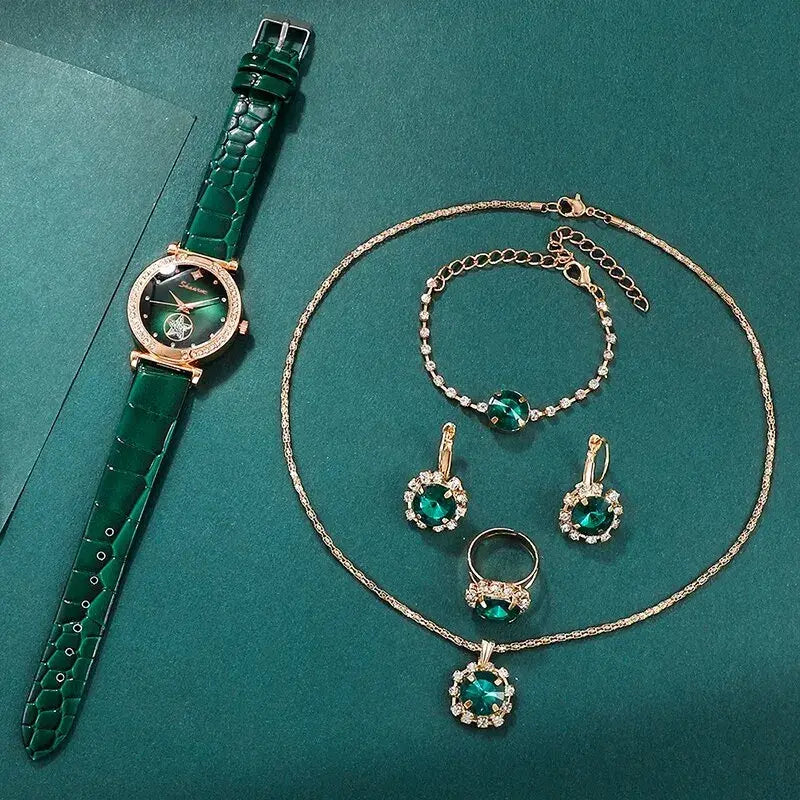 6-Piece Green Luxury Quartz Watch Set