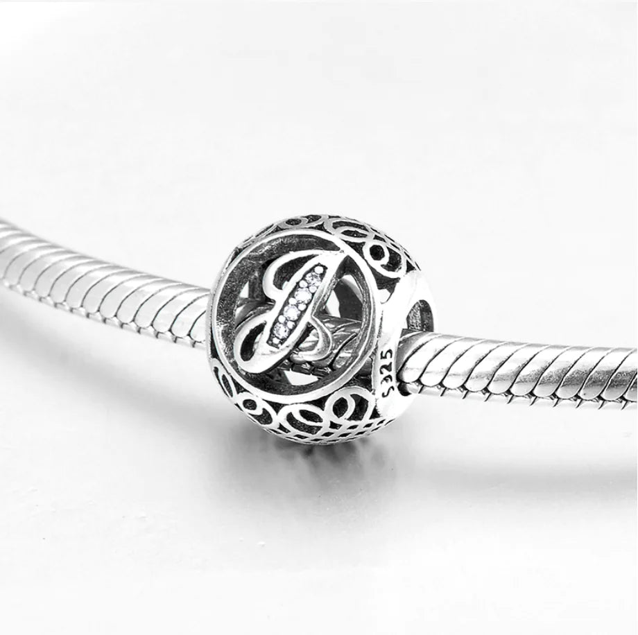 S925 Silver Beads w Stone Inlaid Alphabet