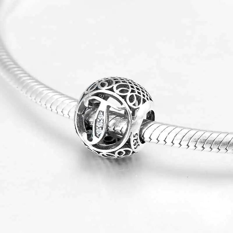 S925 Silver Beads w Stone Inlaid Alphabet