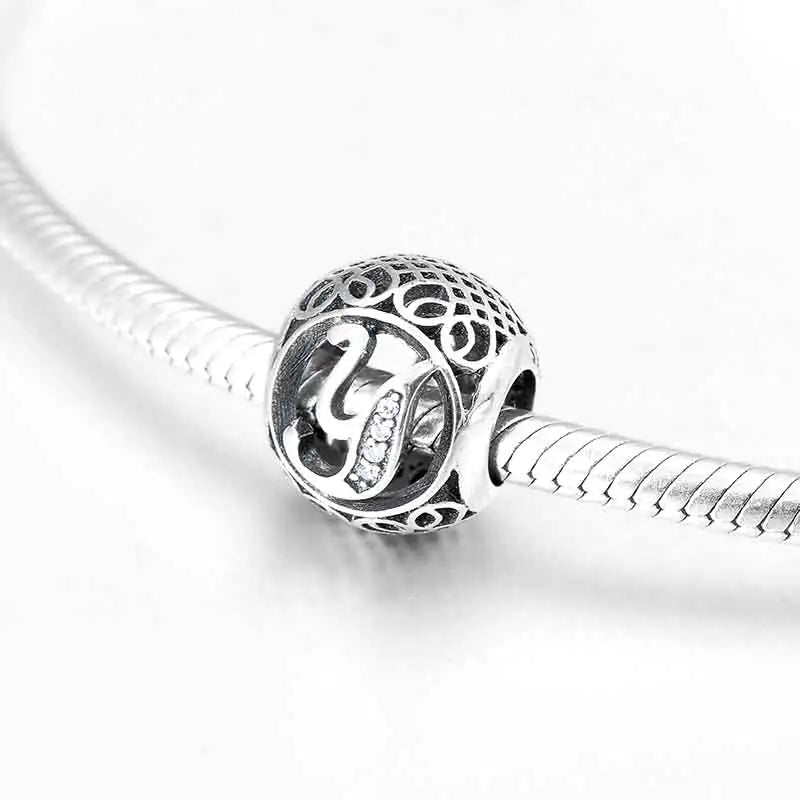 S925 Silver Beads w Stone Inlaid Alphabet