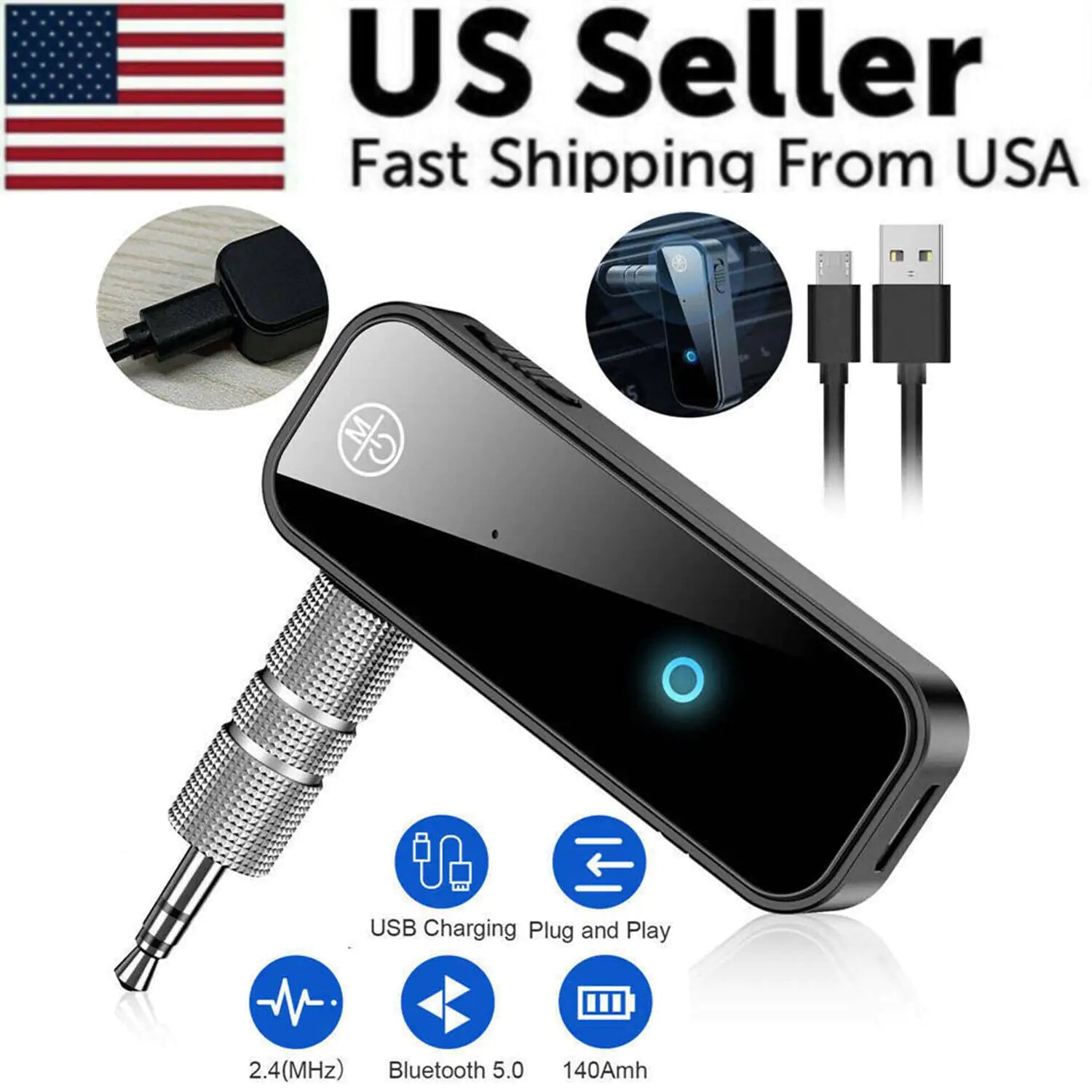 2-in-1 USB Wireless Bluetooth 5.0 Transmitter-Receiver Audio Adapter 3.5mm Auxiliary Jack