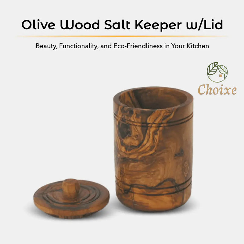 Olive Wood Spice Jar Salt Keeper w Lid