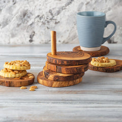 Olive Wood 7pc Coaster Set w Holder