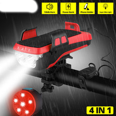 USB Rechargeable Bike Headlight w Phone Holder & Horn