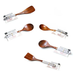 Natural Teak Wooden Kitchen Utensils Set w Long Handle