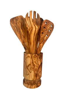 Olive Wood 6pc Kitchen Servers Set w Holder