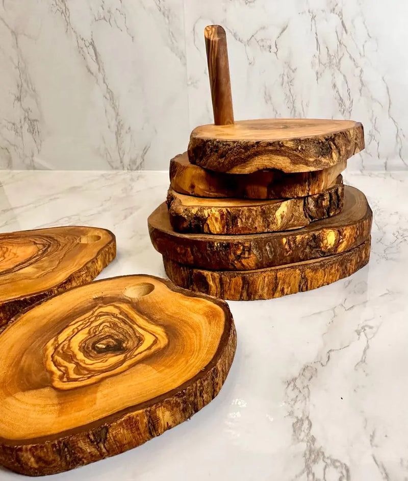 Olive Wood 7pc Coaster Set w Holder