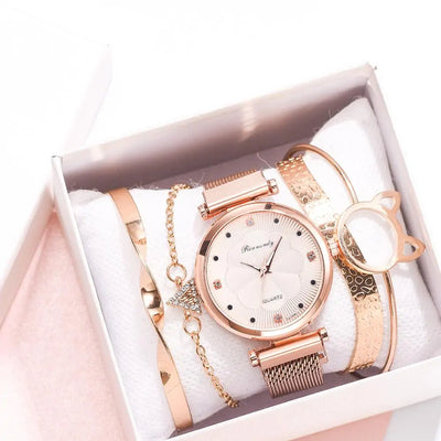 5-Piece Women's Luxury Magnet Buckle Watch & Bracelet Set