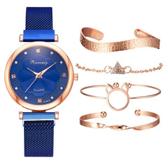 5-Piece Women's Luxury Magnet Buckle Watch & Bracelet Set