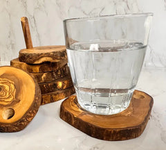 Olive Wood 7pc Coaster Set w Holder