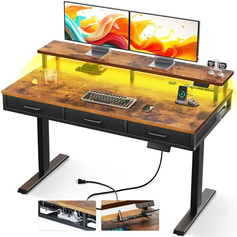 Electric Standing Desk w 3 Drawers & LED Lights