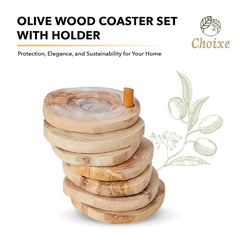 Olive Wood 7pc Coaster Set w Holder