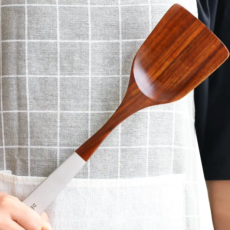 Natural Teak Wooden Kitchen Utensils Set w Long Handle