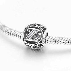 S925 Silver Beads w Stone Inlaid Alphabet