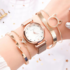 5-Piece Women's Luxury Magnet Buckle Watch & Bracelet Set