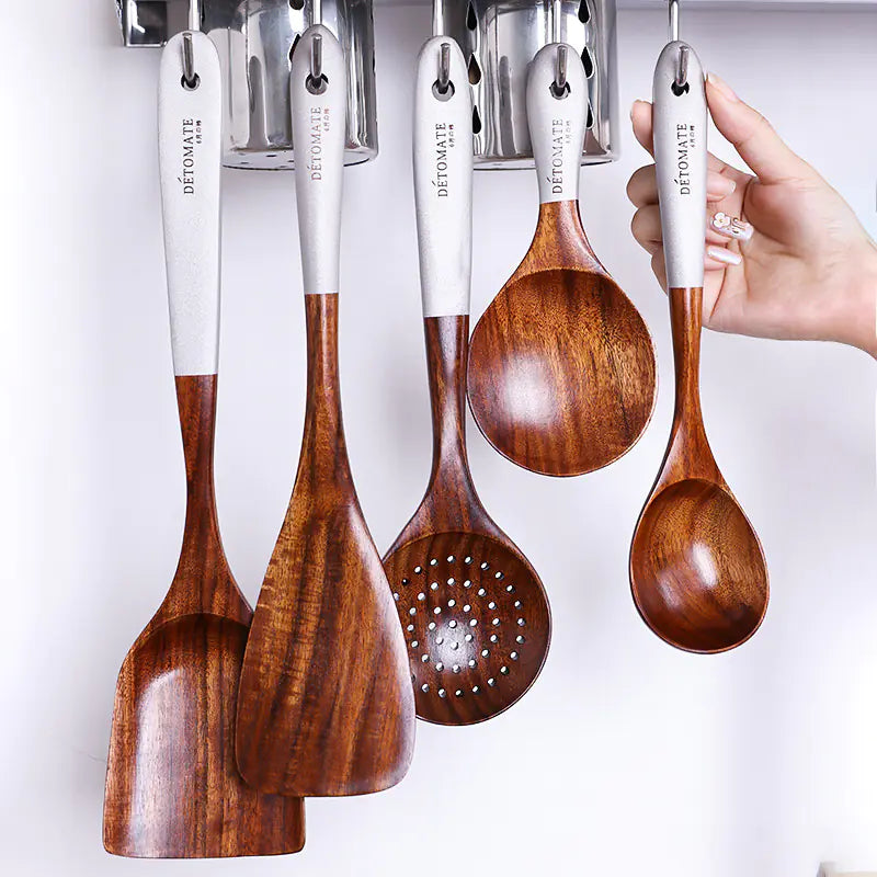 Colorful Teak Kitchen Utensils Set w Soup Spoon