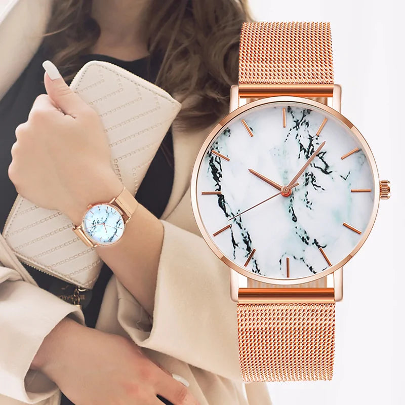 Women's Luxury Rose Gold Mesh Band Marble Watch