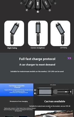 4-in-1 Car Mobile Phone Fast Charger w 2 Telescopic Strip Lines